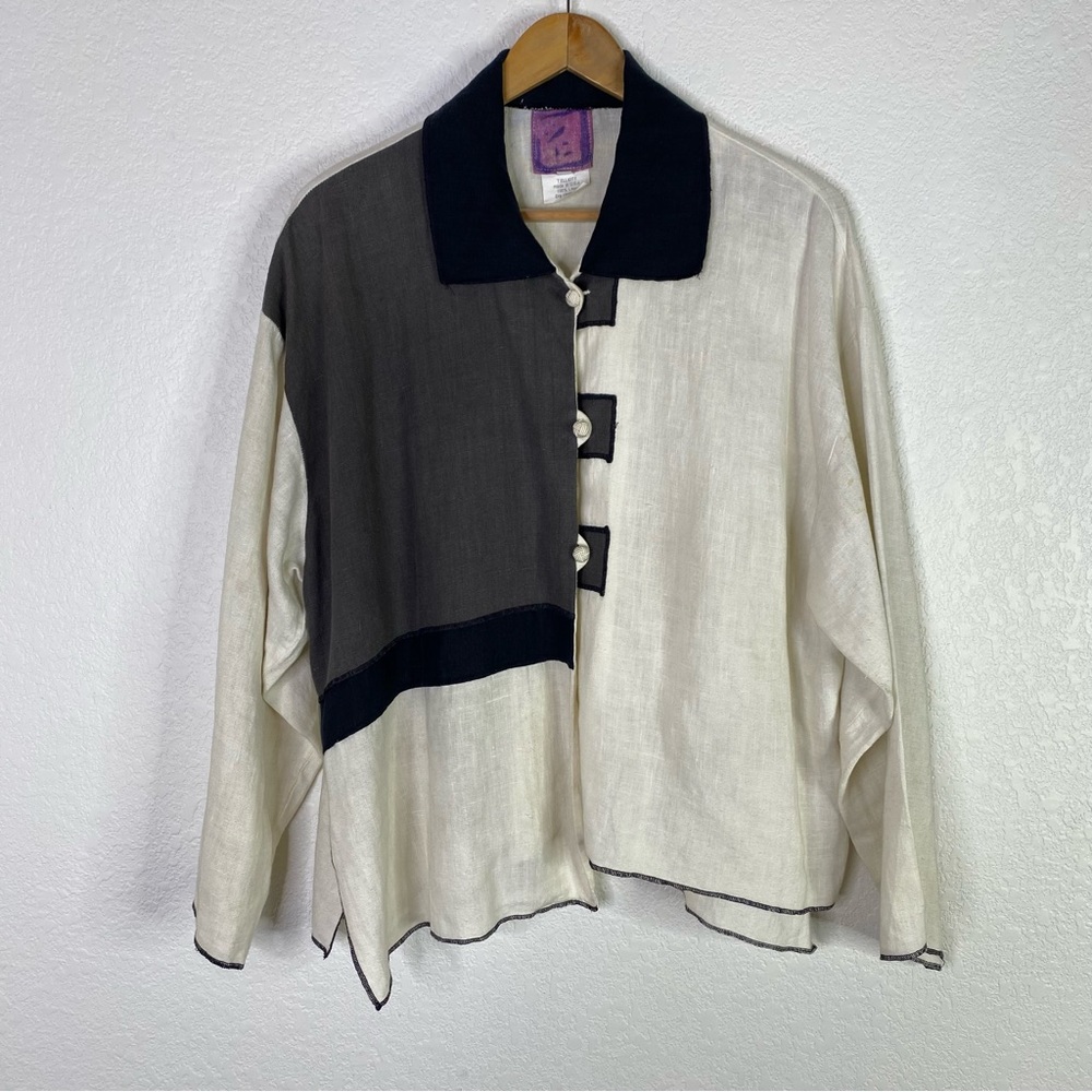 Vintage T. Elliot White Gray Black Art To Wear Linen Blouse